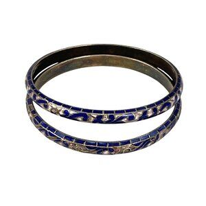 Vintage Blue & Silver Cloisonne Floral Pattern Bangles Set Of 2 Small Wrist